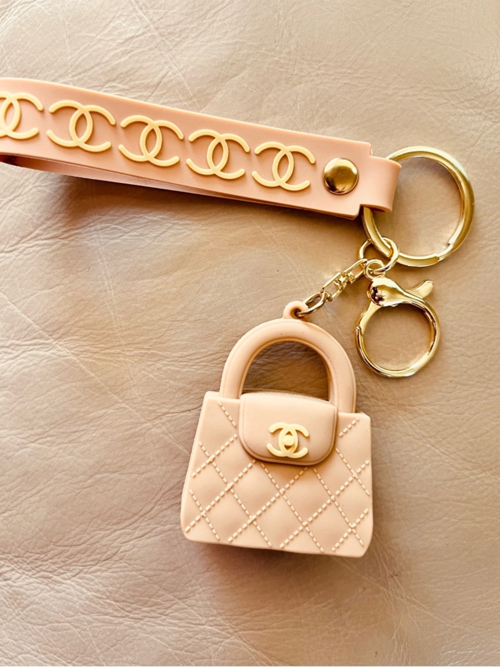 Tan Quilted Mini Bag CC Logo Keyring with Gold Hardware.        NEW